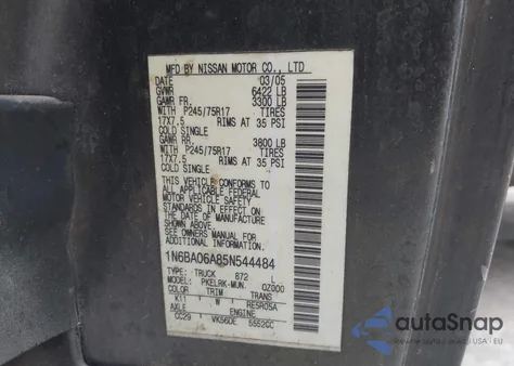 2005 Nissan Titan Xe из США, поврежденный, VIN 1N6BA06A85N544484